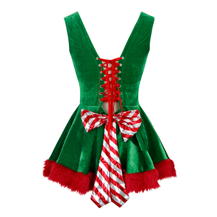 Kimring Women's Velvet Christmas Party Mini Santa Dress Elf Costume