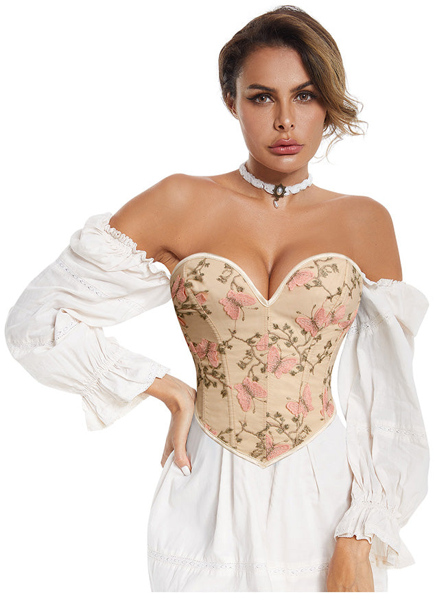 Vintage Renaissance Floral Printed Strapless Lace-up Bustier Corset Crop Top Main View
