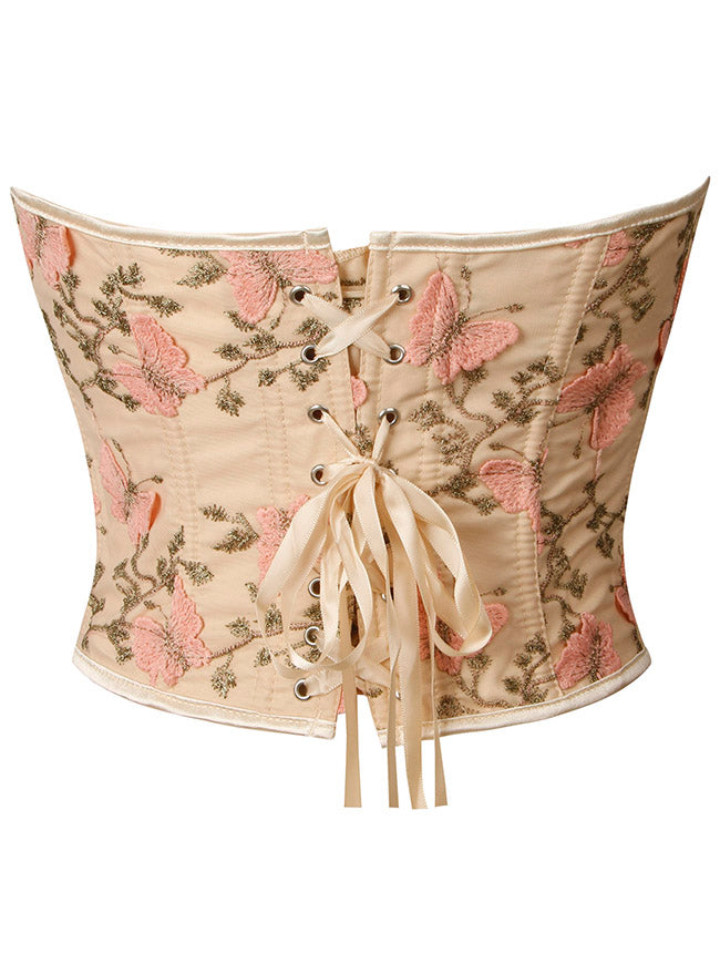 Renaissance Flower Boned Lace Up Overbust Bustier Corset Crop Top Back View-2