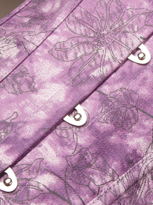 Elegant Purple Waist Cincher Busk Closure Brocade Floral Lace-up Corset Detail View-3