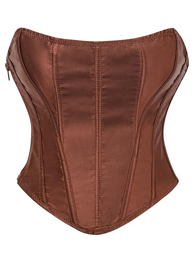 Kimring Women's Satin Strapless Lace Up Boned Overbust Bustier Corset Crop Top Brown Main Image