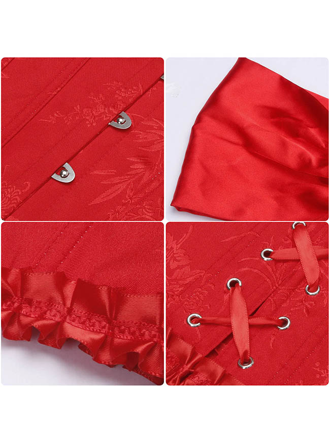 Renaissance Vintage Lace Trim Overbust Brocade Bustier Corset Top with Cap Sleeves Detail View