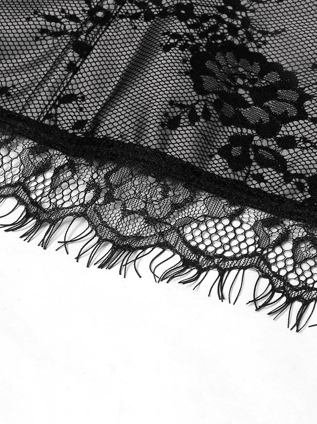 Women's Renaissance Lace Floral Printed Overbust Off Shoulder Corset Bustier Top with High Low Skirt Detail View