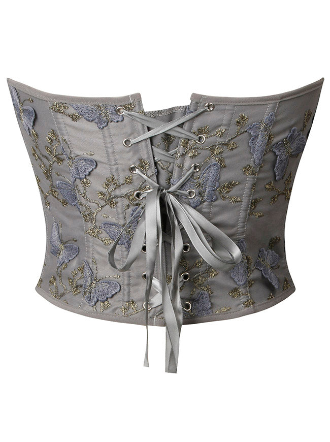 Victorian Medieval Embroidery Sleeveless Push Up Party Corset Crop Top for Women Back View