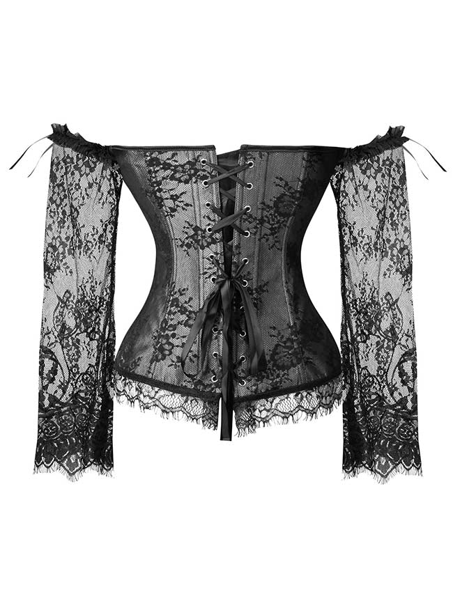 Gothic Vintage Off Shoulder Overbust Bridal Embroidered Lace Up Corset Bustier Tank Top Back View
