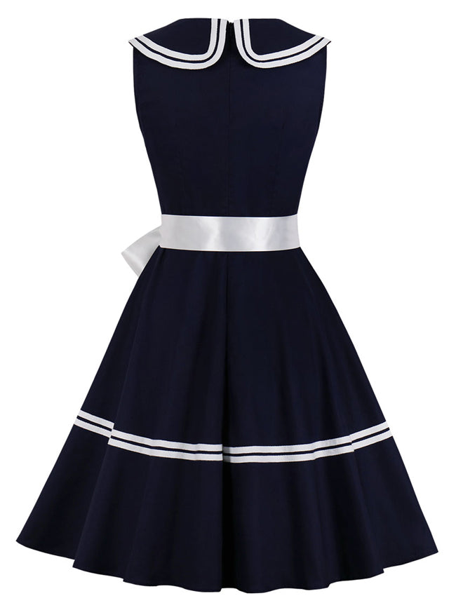 50s 60s Vintage Style Peter Pan Sleeveless Swing Dress with Belt