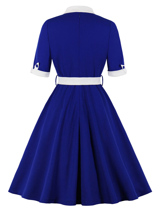 Elegant Classical Vintage Women Pleats 3/4 Length Sleeve Midi A-Line Dress Back View