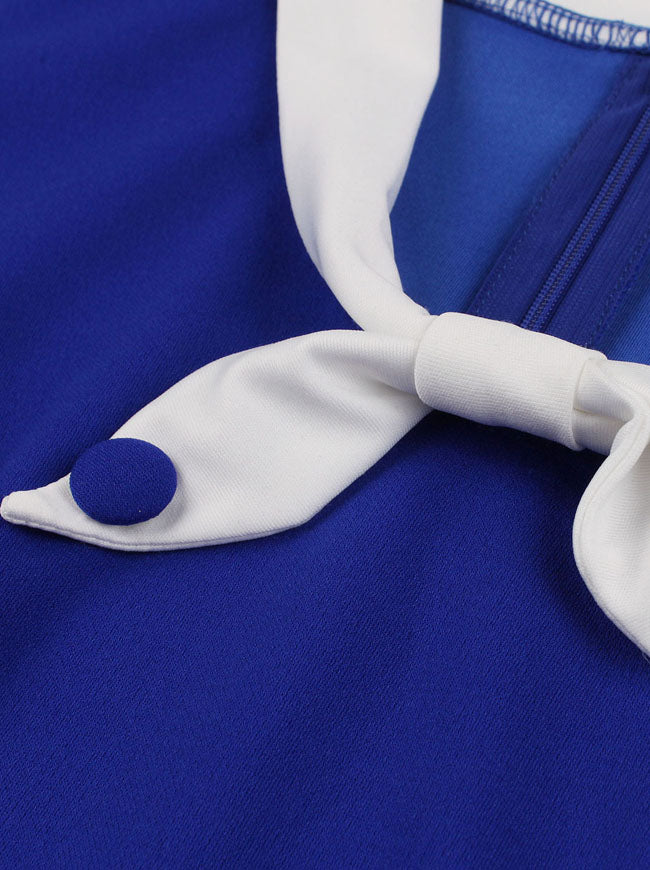 Elegant High Quality Casual Women Sailor Collared Royal Blue Knee Length Cocktail Dress Detail View