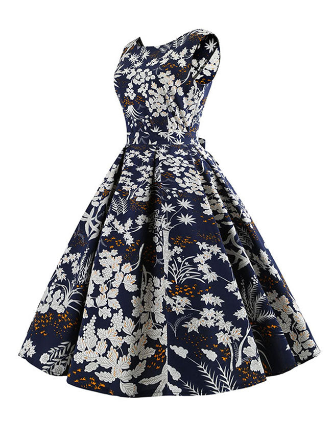 1950 Vintage Retro Floral Printed Sleeveless Garden Party Picnic Dress
