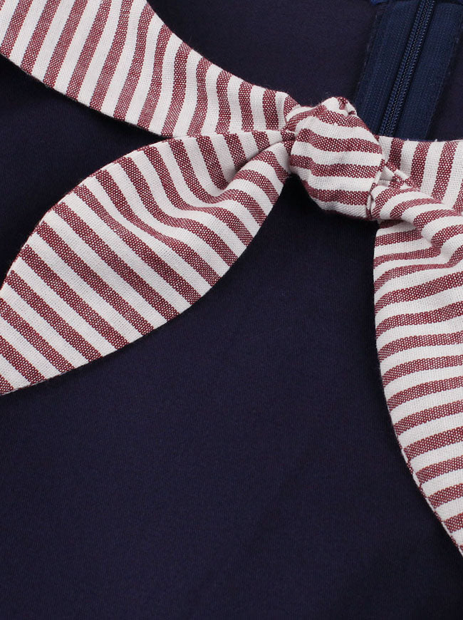 Women's Victorian Short Sleeves Bow-Knot Collared Fit and Flare Nautical Sailor Dress Navy Blue Detail View