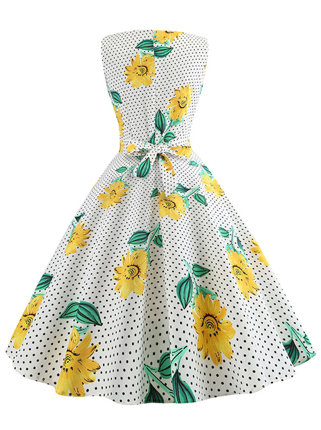 Juniors Floral Printed Polka Dot Round Neck Slim Fit Pleated Dresses