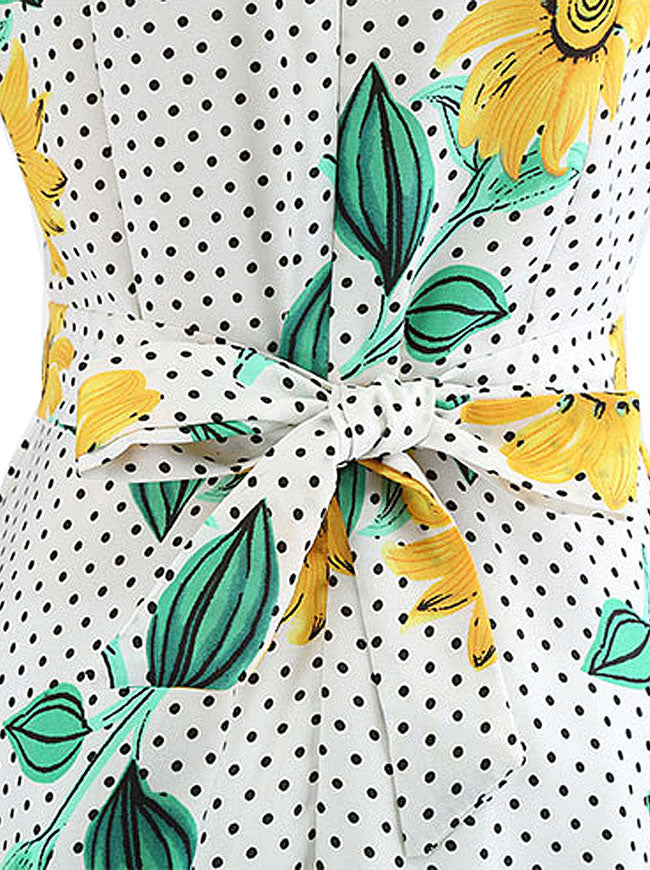 1950s Style Fashion Sunflower Polka Dot Round Neck A Line Pinup Dress