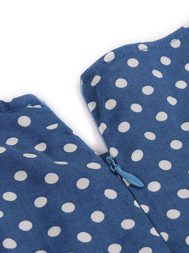 Classical Vintage High Quality Lady Blue Round Dot Knee Length Belt Swing High Waist Dress Detail View