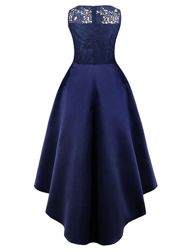 Classical Vintage Noble Lady Lace Split Joint Round Neck Sleeveless Formal Prom Cocktail Dress Back View