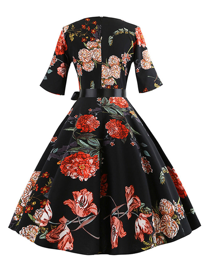 1950 Vintage Retro Floral Printed Half Sleeve Garden Party Picnic Dress