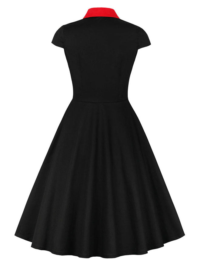 Classical Vintage Lady Black Cotton Cap Sleeves Fit and Flare Knee Length A-Line Dress Back View