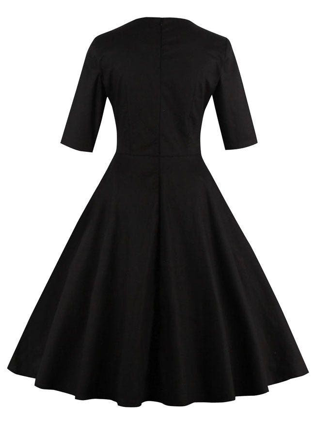 Women's 1950's Vintage Floral Embroidery Half Sleeves Midi Cocktail Party Dress Black Back View