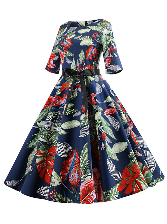 Women's 1950's Elegant Leaves Printed Half Sleeve Flare Swing Dress Dark Blue Side View