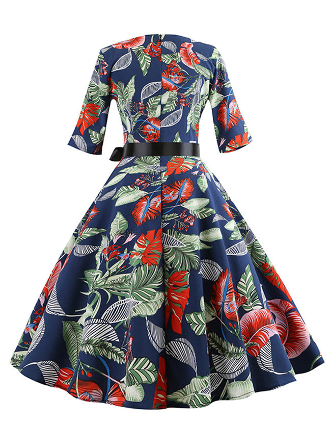 Women's Fashion Leaves Printed Half Sleeve Flare High Waist Homecoming Dress Dark Blue Back View
