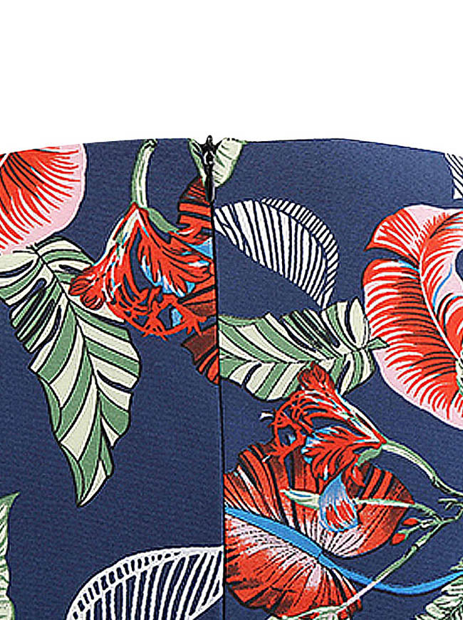 Women's Casual Leaves Printed Half Sleeve Flare Swing Dress Dark Blue Detail View