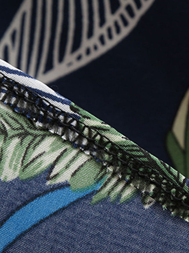 Women's Retro Leaves Printed Short Sleeve Flare Knee Length Midi Dress Dark Blue Detail View