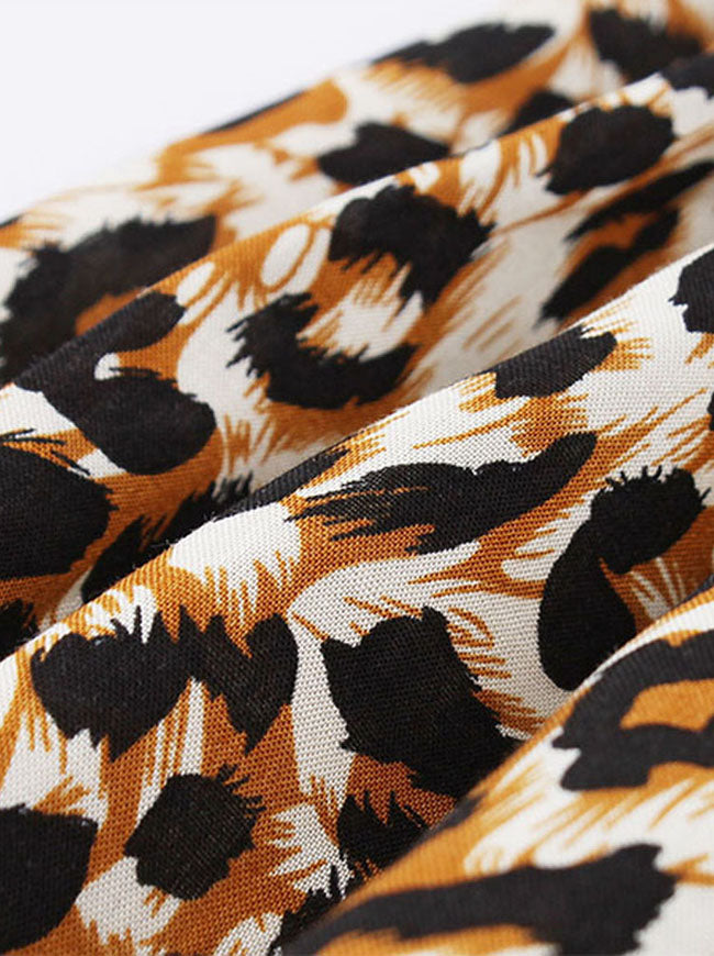 Victorian Leopard Printed Round Neckline Belted Cocktail Dress Brown Detail View