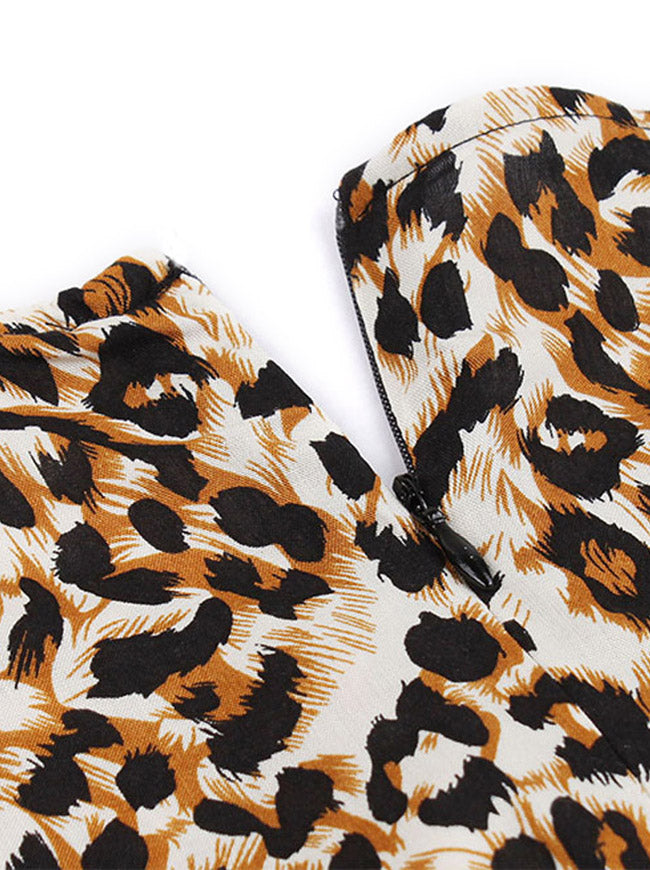 1950s Retro Leopard Printed Round Neckline Belted Cocktail Party Midi Dress Brown Detail View