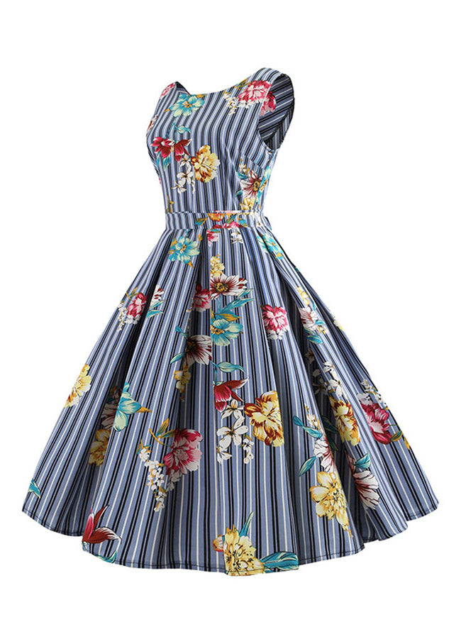 Women's 1950's Vintage Spring Garden Picnic Striped Floral Printed Swing Dress Blue Side View