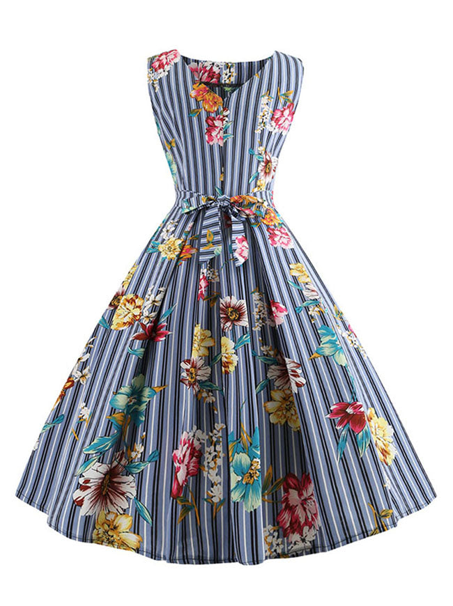 Women's Spring Garden Picnic Striped Sleeveless High Waist Homecoming Dress Blue Back View