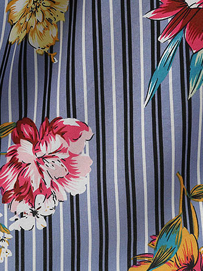 Women's Retro Spring Garden Picnic Striped Floral Printed Knee Length Midi Dress Blue Detail View