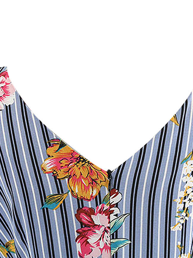 Women's Casual Spring Garden Picnic Striped Swing Dress Blue Detail View