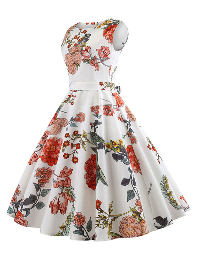 Casual Floral Printed Sleeveless Spring Cocktail Party Swing Midi Dress with Belt White/Chinoiserie Side View