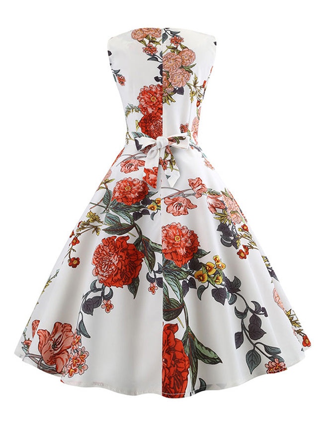 Fancy Floral Printed Sleeveless High Waist Spring Cocktail Party Swing Midi Dress White/Chinoiserie Back View