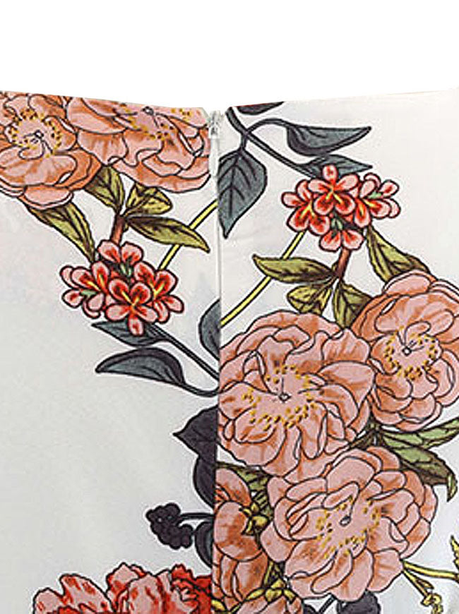Elegant Floral Printed Sleeveless Spring Wedding Guest Midi Dress White/Chinoiserie Detail View
