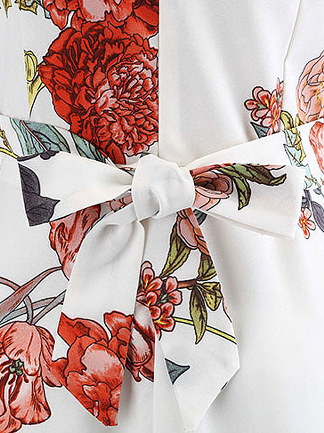 Vintage Floral Printed Sleeveless Spring Tea Swing Midi Dress with Belt White/Chinoiserie Detail View