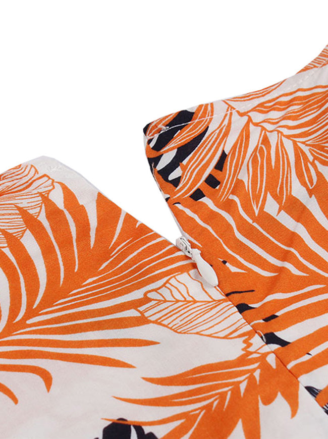 1950s Elegant Leaves Printed Short Sleeves Semi Formal Dress