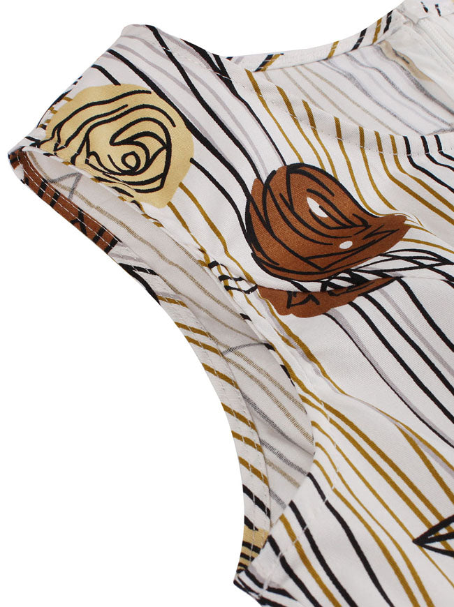 Retro Grain and Rose Printed Sleeveless Fit and Flared A-Line Holiday Dress White Detail View