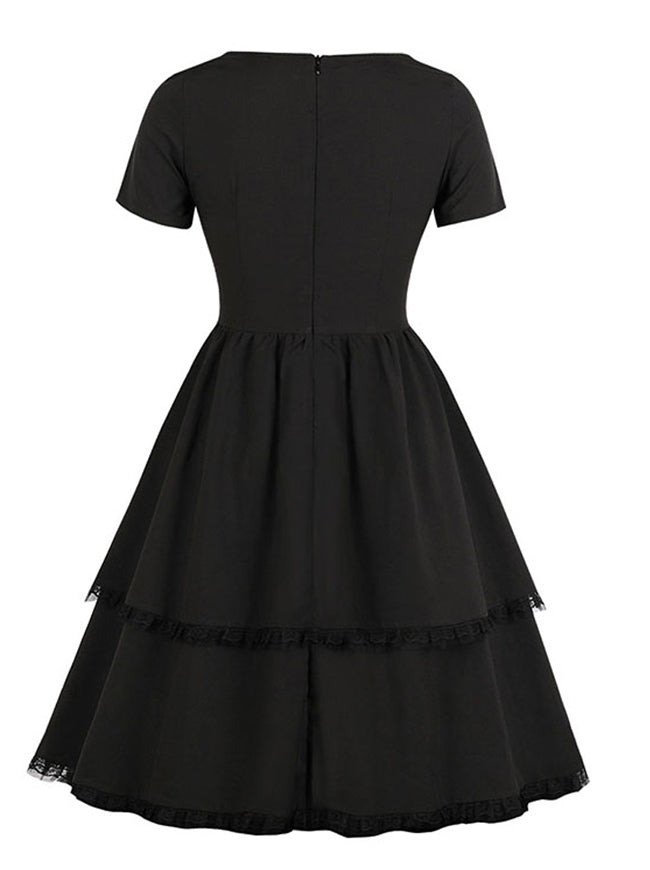 1950's Vintage Short Sleeves Round Neck Lace Up High Waist Ruffled Tiered Layered Midi Dress Black Back View