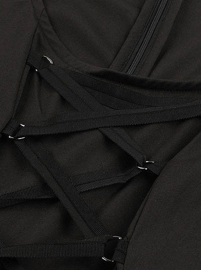 Casual Short Sleeves Round Neck Lace Up High Waist Ruffled Tiered Layered Midi Dress Black Detail View