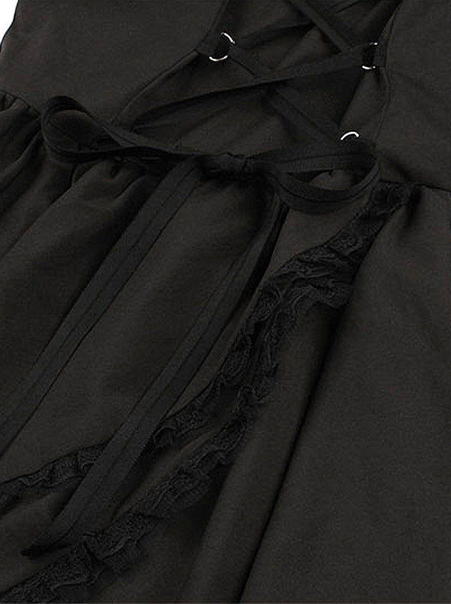 Retro Short Sleeves Round Neck Lace Up High Waist Summer Dress Black Detail View