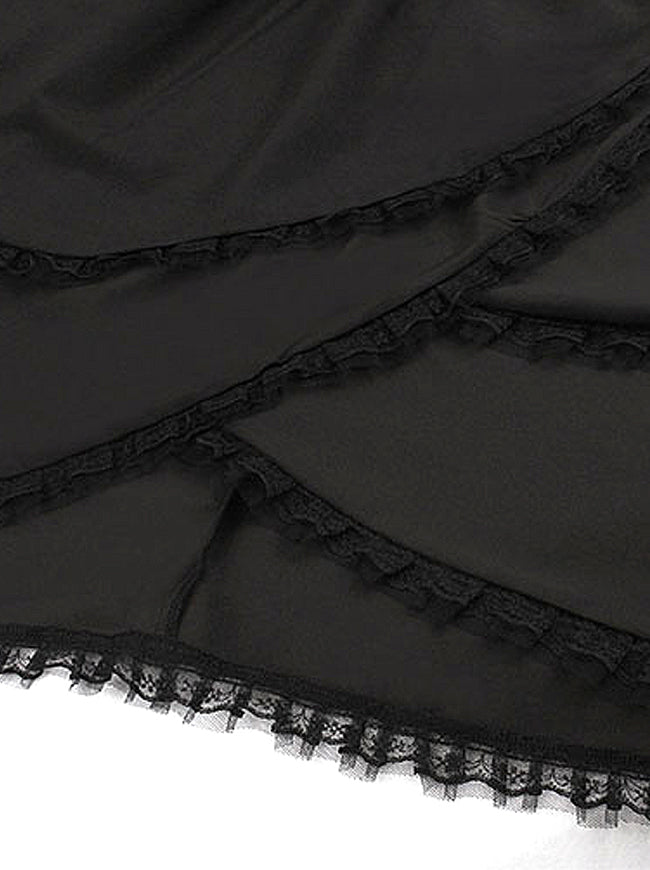 Vintage Short Sleeves Round Neck Lace Up High Waist Homecoming Midi Dress Black Detail View