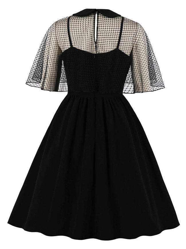 Women's Vintage Spaghetti Strap Mesh Cloak Flare Cocktail Party Dress Black Back View