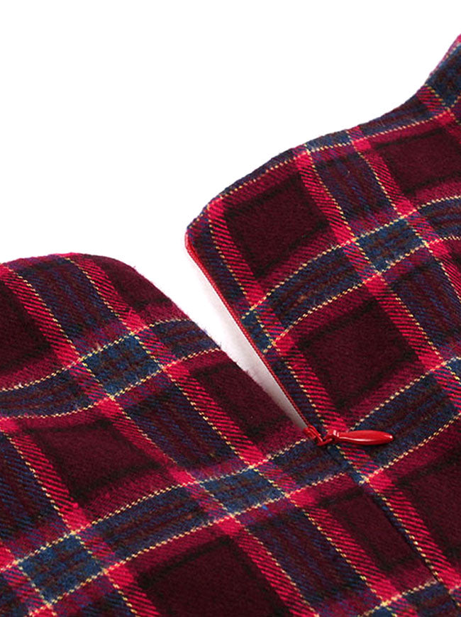 Women's Casual Puff Sleeve Scottish Cocktail Party Midi Swing Dress with Belt Red Detail View