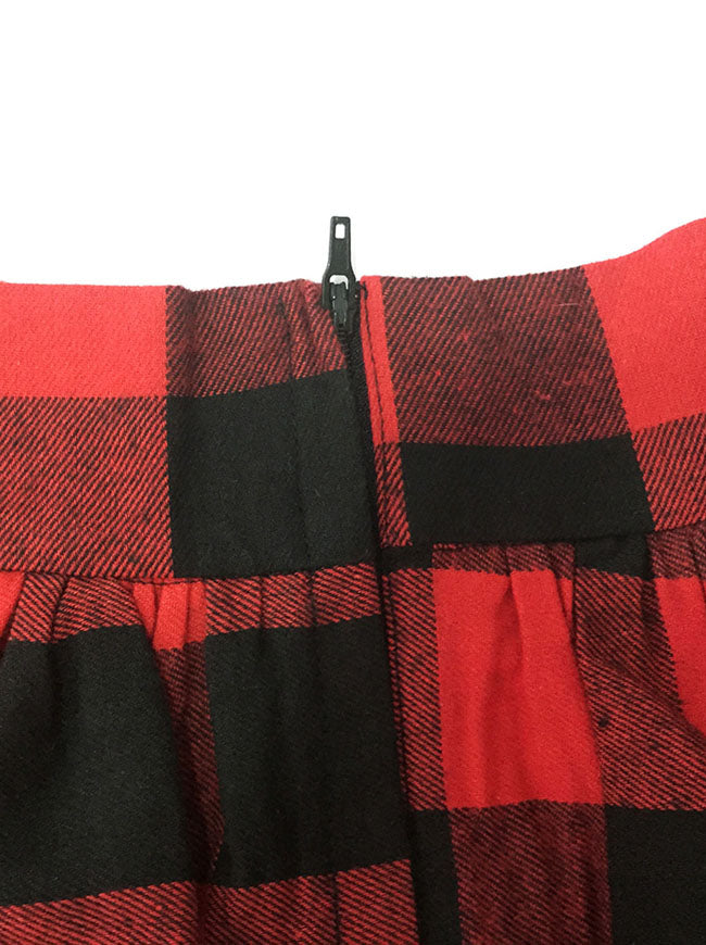 Women's Vintage Plaid High Waisted Flared Pleated Skater Full Midi Skirt with Pockets Red/Black Detail View