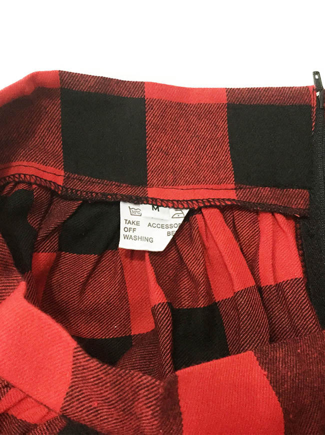 Women's Vintage Plaid High Waisted A-Line Flared Pleated Garden Party Midi Skirt with Pockets Red/Black Detail View