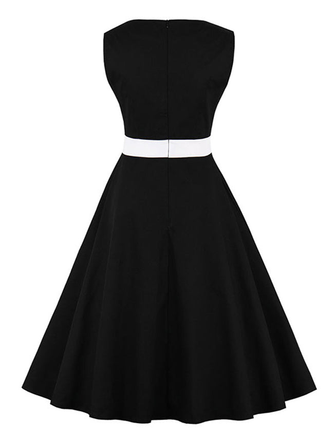Elegant Vintage Lady Black Cotton Sweetheart Neckline Patchwork Sleeveless Knee Length A-Line Dress Back View