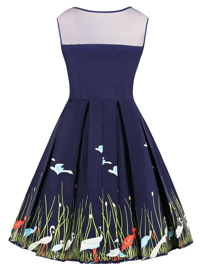 Elegant Vintage High Quality Casual Sleeveless Patchwork All-match Women Pleats Midi A-Line Dress Back View