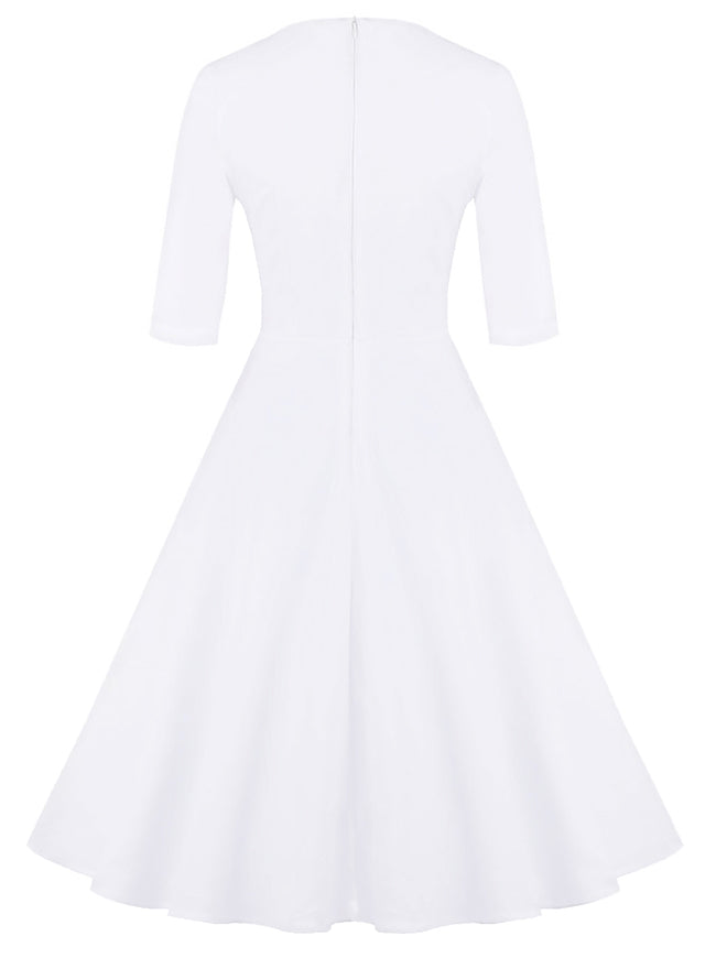 Women's 1950's Vintage Floral Embroidery Half Sleeves Midi Cocktail Party Dress White Back View