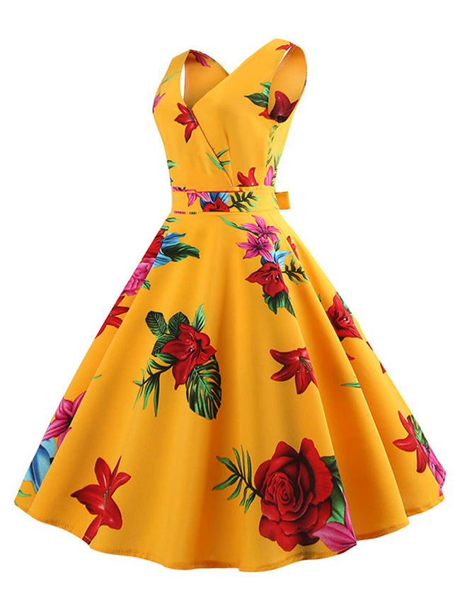 Classical Vintage Lady Yellow Cotton Floral Low-V Neck Sleeveless Knee Length Cocktail Dress Side View