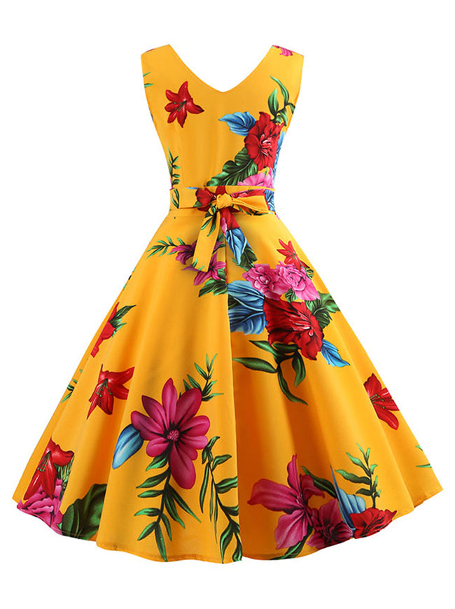 50s Retro High Quality Casual V-Neck Rockabilly Lady Sleeveless Midi Dress Back View